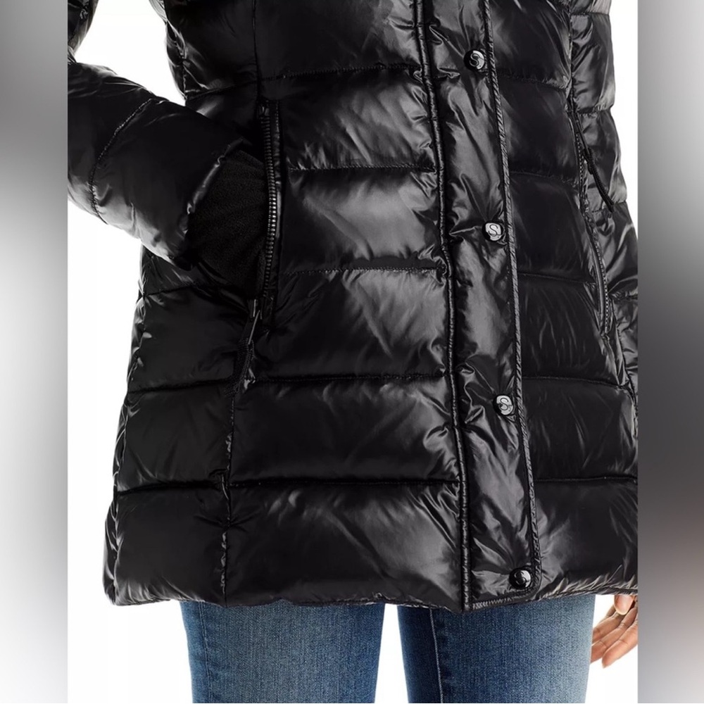 NWOT S13 Chelsea Women's Black Shiny Puffer Jacket with Faux Fur Trim - Picture 7 of 16